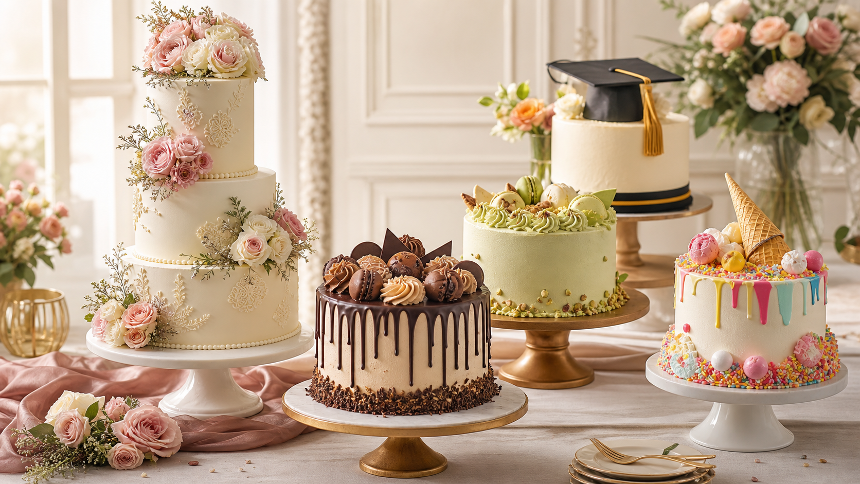 A luxury table display of wedding, birthday, graduation, and kids celebration cakes