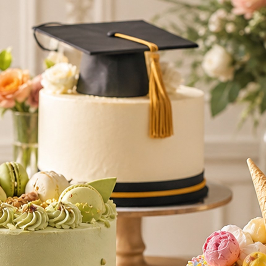 Graduation cake with black cap and gold tassel